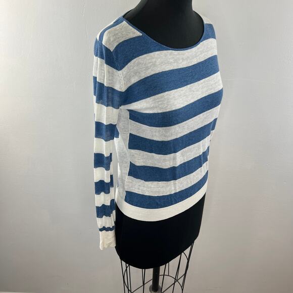 THEORY Blue White Stripe Linen Blend Long Sleeve Round Neck Pullover Sweater S - Picture 4 of 9